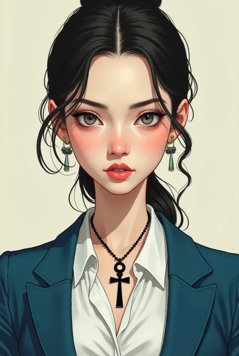 Draw a picture of Maria Luiza , One with a slanted eye that isn't Japanese and has a small head.  She wears an ankh necklace around her neck and wears a white blouse with a blue coat