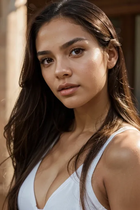 Super realistic image of a Latin girl with an imperfect athletic body,  fair skin ,  long light hair, light eyes, full lips and split chin 