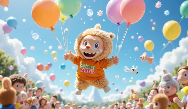 In this scene, Labubu is leaping into the air, surrounded by colorful balloons. One of the balloons suddenly bursts with a loud "DOR!" sound, but Labubu just smiles widely, showing his playful side. He still holds the other balloons tightly. His orange "Za...