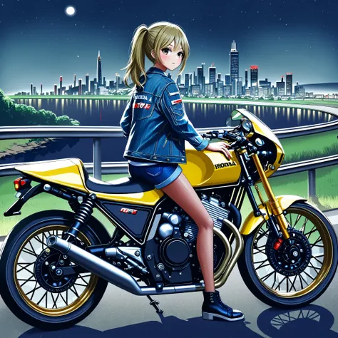 One cafe racer tuned motorcycle/CBX400F/One Girl Riding {/ Ouka-chan/}、 HONDA Racing Inline 4 Cylinder Engines 、 Titanium Frame 、Titanium full exhaust pipe 、 Magnesium Wheels 、Race Tires 、 racer separate handle、 racer back step 、 Competition Vehicles witho...