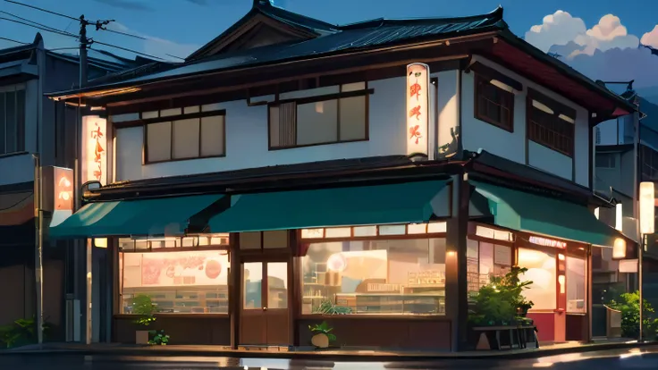  Generate an image of a deserted street at night with a Lofi Aesthetic coffee shop, highlighting the illuminated sign and light poles in the background , Makoto Shinkai&#39; conceptual art, tumblr,  magical realism , beautiful anime scenes, cloudy sky. by ...