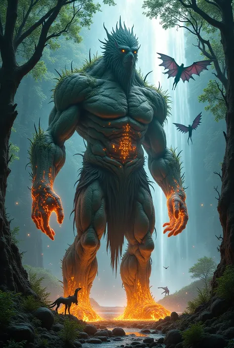 ¡Excelente elección! Aquí tienes el **prompt actualizado** con un **gigante ancestral** y **dragones** integrados en el escenario:

---

### **Prompt para MidJourney:**  
**"An ancient primal giant, his body covered in petrified wood and moss, with deep cr...