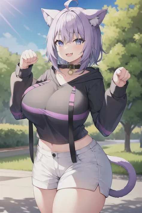 1girl, purple hair, white shorts, standing, paw pose, smile, park, outdoors, fangs, huge breasts, wide hips, thick thighs, aaokayu, short hair, ahoge, animal ears, cat tail, animal collar, black collar, collarbone, print hoodie, black hoodie, long sleeves,...