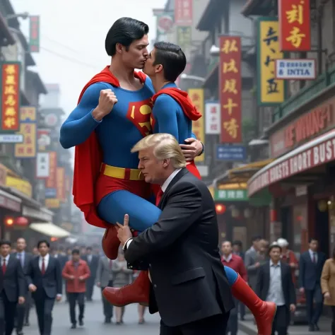 US President Trump And Noah Beck kiss each other.Noah Beck Close-up of face looking at the camera.A hyper-realistic scene of white-man Noah Beck is superman, black haircut,leaping impossibly high into the air, in a superman costume (think movie version of ...