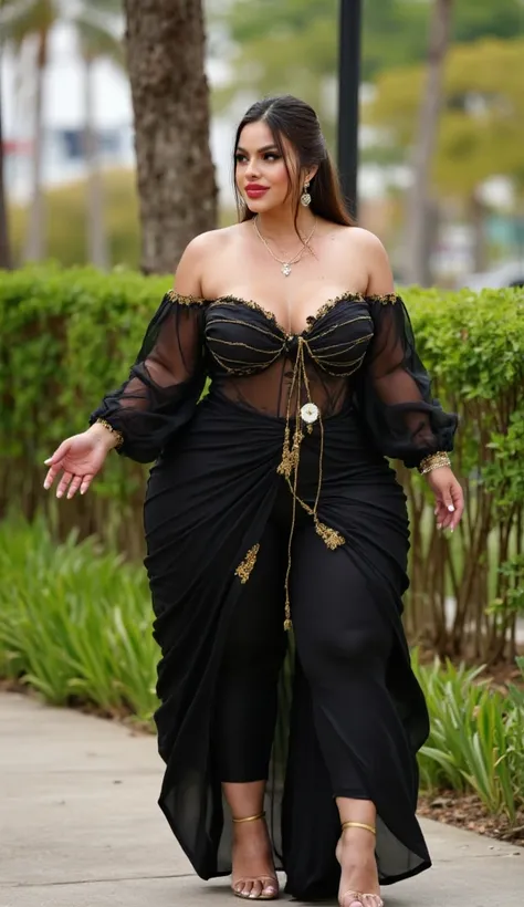  I am a large and tall 50-year-old Indian Muslim woman ,   that looks like the Indian actress Hansika Motwani  ,  wears a transparent black strapless kurtie with gold trim and shiny silver and shiny knee length pants, black poetry tied around,bunch of jasm...