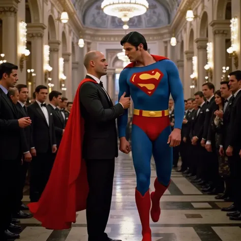 This is the wedding of Superman in St. Peter's Basilica. Lex Behind stands is bald man wearing black suits, Superman fly with Lex in a princess way and the two hold hands in hand into the church. Superman look Lex with love.Superman,a 30-year-old Mick Bosa...