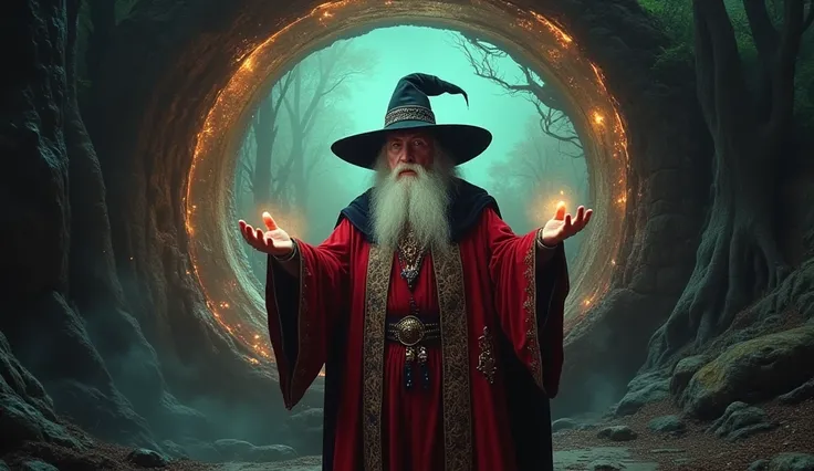 an enigmatic old wizard, wearing a red luxury robe, with a big mage black point black hat, he is generating between his two hands a round three-dimensional portal to another era, it is possible to visualize a village inside this portal