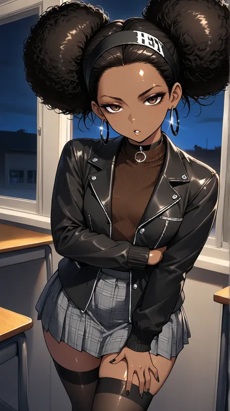 1Girl, Mature, Ebony, African American, Dark Skin, Jet Black Hair, Afro, Double Bun, Shiny Hair, Bright Brown Eyes, Black Nails, Dark Brown Eye Shadow, Medium Chest, Brown Turtleneck Shirt, Black Varsity Jacket, Grey Plaid Skirt, Black High-Thigh Socks, Bl...