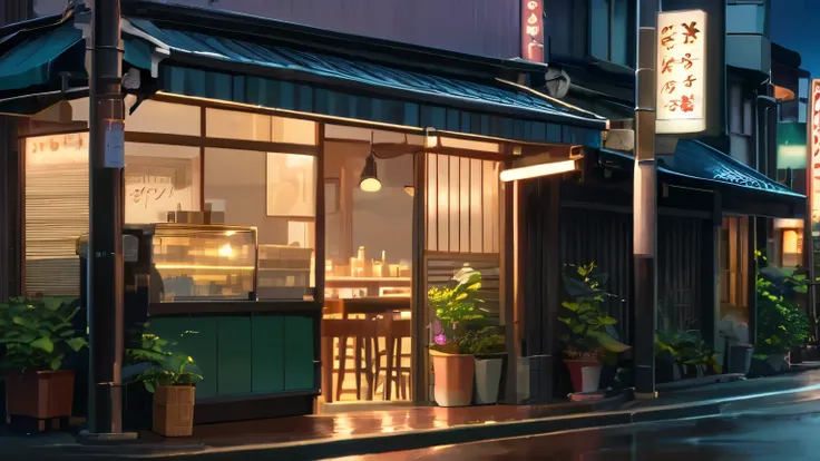  Generate an image of a deserted street at night with a Lofi Aesthetic coffee shop, highlighting the illuminated sign and light poles in the background , Makoto Shinkai&#39; conceptual art, tumblr,  magical realism , beautiful anime scenes, cloudy sky. by ...