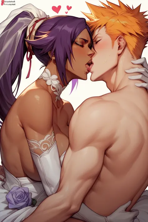 Yoruichi shihouin (Bleach) , Ichigo kurosaki (Bleach) , dark skinned female , purple hair female , white skinned male , orange haired male , male fucking female , kissing , wedding dress