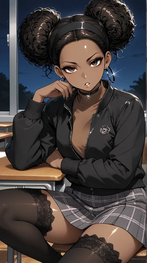 1Girl, Mature, Ebony, African American, Dark Skin, Jet Black Hair, Afro, Double Bun, Shiny Hair, Bright Brown Eyes, Black Nails, Dark Brown Eye Shadow, Medium Chest, Brown Turtleneck Shirt, Black Varsity Jacket, Grey Plaid Skirt, Black High-Thigh Socks, Bl...