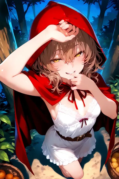 in the middle of the forest, night, \(1girl, solo, petite body, small breasts, long brown hair, wavy hair, hair between the eyes, messy hair, white nightgown, red hooded cape, sharp eyes, bangles, belt, yellow eyes, barefoot\), \ ((dynamic pose: 1.3)),  ba...