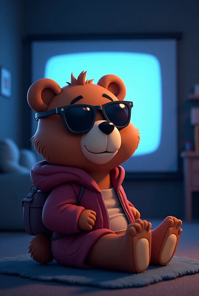 a profile picture for a profile that tells satisfying stories and that has the username VortexStories I want to have as its character a little bear in cartoon style with dark glasses and a movie screen in the background