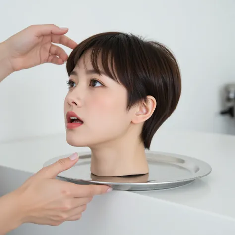 A beautiful 19 year old young american woman's disembodied head is standing on a silver tray, in a white room.  Side view of the head. No neck no shoulders. She has beautiful straight thick smooth silky brunette short pixie hair. One hand is touching her h...