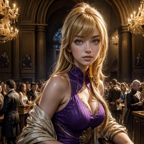 yangxiaolong, yang xiao long, smiling, long hair, blonde hair, (purple eyes:1.3), ahoge, bangs, BREAK cleavage, wearing a white mini dress with gold trim, mechanical arms, single mechanical arm, prosthesis, prosthetic arm, BREAK indoors, standing next to m...