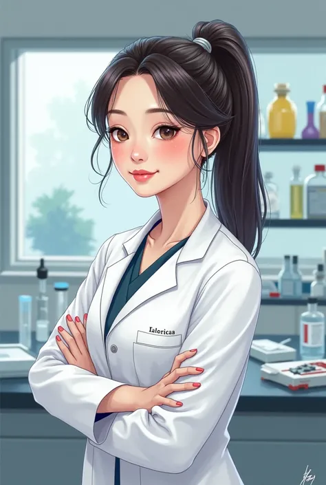 give an illustration of the female character of a toxicologist with a height of 170 cm, Indonesian European blasteran facial features,  with ponytail hair , modist look accompanied by lab coat