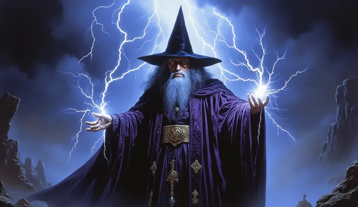 an enigmatic very old wizard, wearing a purple luxury robe, with a big mage black point black hat, are thunderlights in your hands