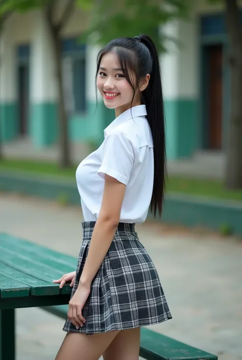 Real photos High-quality Realistic of thai woman, Beautiful girl (((large breast , big breast , nsfw))) , Best Quality, 20 years old thai girl in a school uniform astanding near a green metal table,  She is wearing a white shirt(((large breast , big breast...