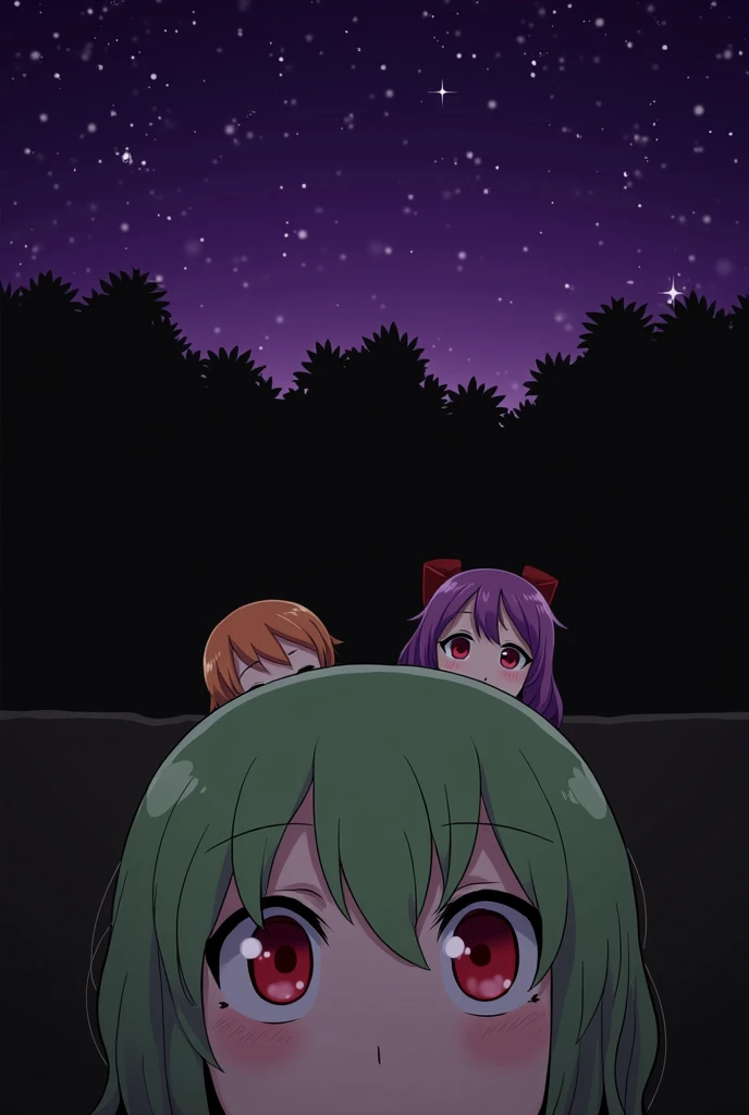 Three girls looking down on what appears to be a hole, each one closer to the hole than another. Our camera in down in the hole looking above like a dead person. The closest girl to the hole, has green hair with red eyes and we can only see to her eyes and...