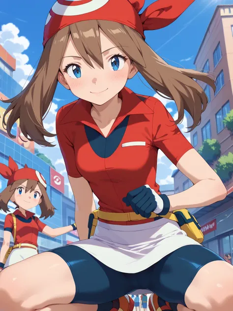 pokemonmay, blue eyes, brown hair, bandana, long hair, red bandana, twintails, hair between eyes, bike shorts, collared shirt, gloves, microskirt, multicolored shirt, pencil skirt, red shirt, shirt, short sleeves, skirt, white skirt, squat, blush, smiling,...