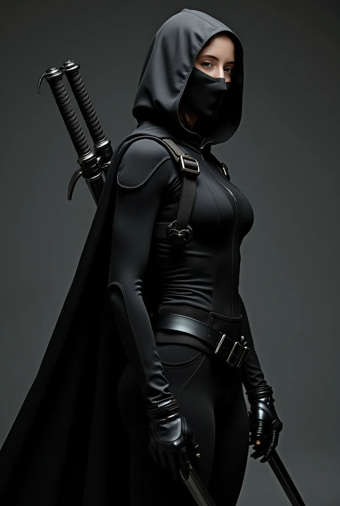 Use this face to create the same character from above, a vigilante., With tight black clothes like Avengers characters in this vibe, all black, mask covering eyes and nose, hood,Without cover on the back,  two swords in the back , very tight clothing,  wit...