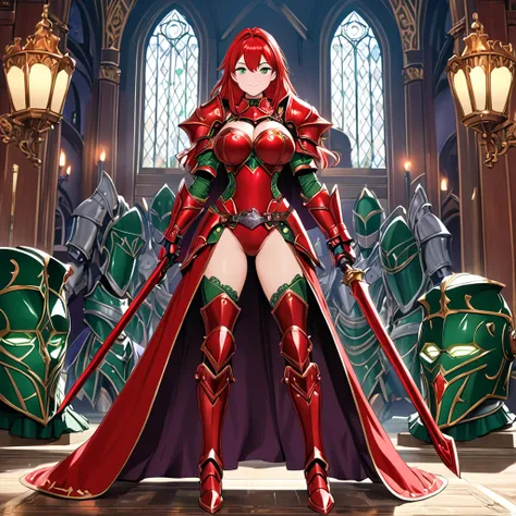  Masterpiece,  Top Quality,  high resolution,  1girl , Alone、Queen、Red Hair、  red dress armor  、Big Breasts、 Wear a red iron mask on your face 、 iron gauntlet on the arm 、 Iron Boots、 full body、 violet and emerald green odd-eye、Heavy weapons in the backgro...