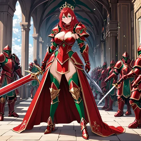  Masterpiece,  Top Quality,  high resolution,  1girl , Alone、Queen、Red Hair、  red dress armor  、Big Breasts、 Wear a red iron mask on your face 、 iron gauntlet on the arm 、 Iron Boots、 full body、 violet and emerald green odd-eye、Heavy weapons in the backgro...