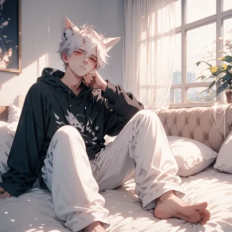 Man, White hair with fox ears, Red eyes, Depressed and tired expression, Oversized baggy Black hoodie, White sweatpants, Sitting on a bed, Anime style