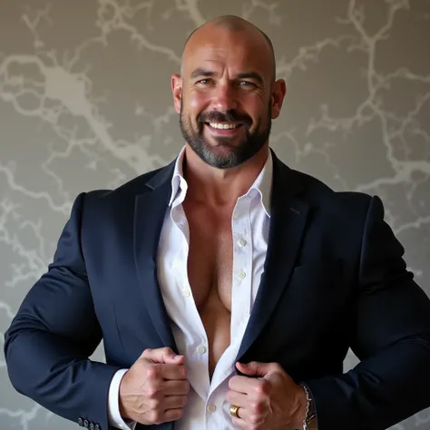This is a high-resolution photograph of a hot, sexy, gorgeous middle aged man with an exceptionally muscular large physique, showcasing extremely exaggerated muscles, especially in his arms, chests and legs with a shaved head and a full beard. He is wearin...