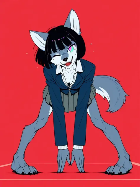 (( Masterpiece,  top quality,dynamic pose,simple eyes,milf,wolf ears, wolf tail)), (pigeon toed,anthro   furry:1.3, Nose first:1.3,  anthro :1.3,  furry:1.3, Female Solo:1.3, Chest:1.3,all fours,head tilt,;D,teeth,fang, red, gradient eyes, sweating profuse...