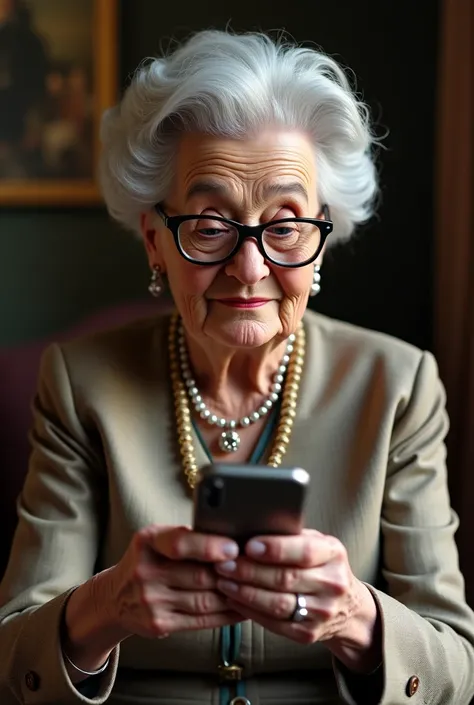 An old lady, From high society ,  holding a cell phone  