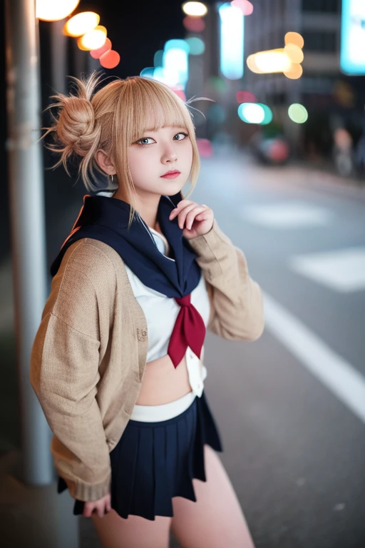 （ blond、Himiko toga、White uniform shirt、  navy blue uniform skirt 、 cardigan with hands、 red scarf、 Dark Eye Shadow 、Pants、 twin tails、Bunbashira、 thin eyebrows、 Black Sox、 black loafers））、nsfw、 Masterpiece、最 high quality、 high quality、grow up、Beautiful po...