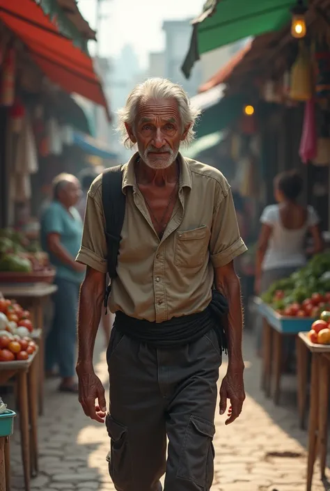 Create an image of a sad old man in Managua Nicaragua with a black ribbon tied around his left arm entering the market 
Easy to draw 