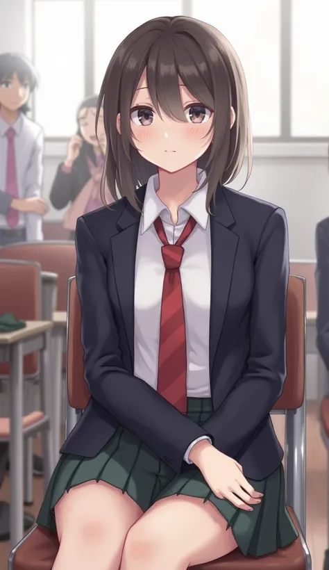 KyokoDG, 1 girl, tie, Alone ,  jacket, shirt,   looking at the spectator,  long sleeves, white shirt, collared shirt,  sitting on a chair, classroom, Pink Blood ,