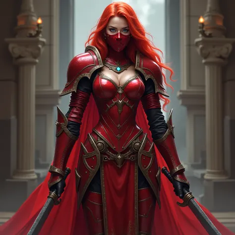  Masterpiece,  Top Quality,  high resolution,  1girl , Alone、Queen、Red Hair、  red dress armor  、Red Iron Breastplate、Big Breasts、 Wear a red iron mask on your face 、 iron gauntlet on the arm 、 Iron Boots、 full body、 violet and emerald green odd-eye、Heavy w...