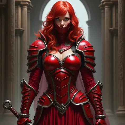  Masterpiece,  Top Quality,  high resolution,  1girl , Alone、Queen、Red Hair、  red dress armor  、Red Iron Breastplate、Big Breasts、 Wear a red iron mask on your face 、 iron gauntlet on the arm 、 Iron Boots、 full body、 violet and emerald green odd-eye、Heavy w...