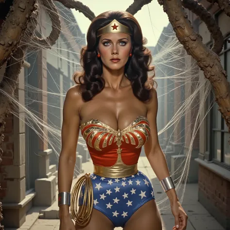 (TRAPPED AND HELPLESS INSIDE A GIANT SPIDER WEB) A SEXY LYNDA CARTER AS THE ICONIC 1960 WONDER WOMAN, WEARING A SPANDEX WONDER WOMAN COSTUME, SPANDEX PATRIOTIC BLUE SKIRT. A TRI-COLOR PATRIOTIC CAPE, RED WONDER WOMAN BOOTS. HER GOLDEN LASSO ATTACHED TO THE...