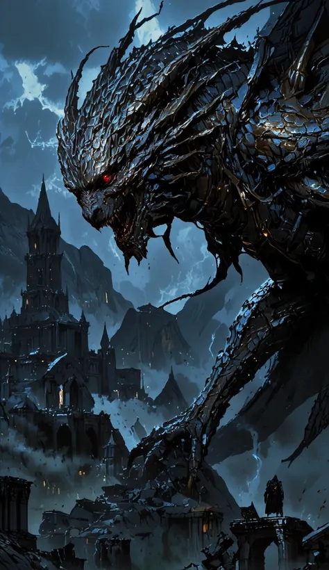 
a dragon with red eyes metallic with colors, dark blue, gray and black, over a castle completely in ruins