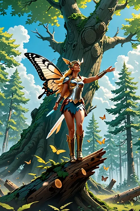 Dans une forêt verdoyante, une Valkyrie debout sur un tronc d’arbre, la main vers le ciel, un papillon se pose sur son doigt, moment de sérénité  