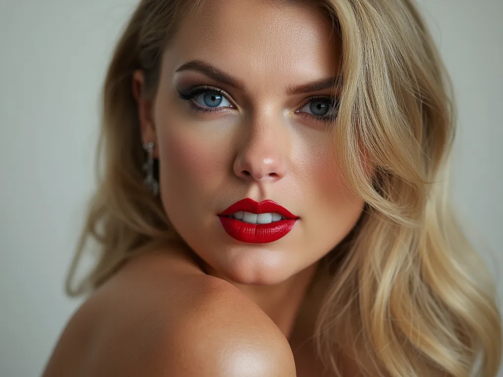 portrait of face and chest, elegant blonde hair, red lip gloss