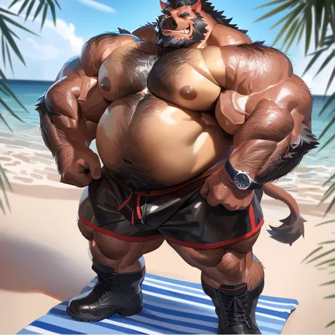 by_lindong, bara hog, boar, rich, very large belly, massive belly, huge belly, fat, obese, layìng on beachbed, strong physique, chubby, huge belly, perfect anatomy, masterpiece, black beard, short beard, stylish hair, strong jaw, giant biceps, shirtless, b...