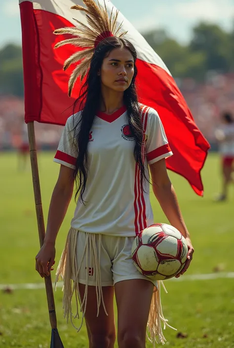 A young indigenous woman in HD , holding a red and white flag,  wearing a soccer jersey with vertical red and white stripes,  a plume on her head and a spear,  with a soccer field in the back ,  holding a soccer ball.