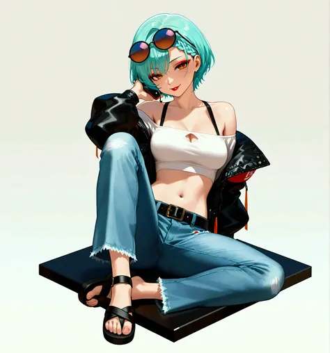 isometric, 1girl, (best quality), 8k, masterpiece, aqua hair, short hair, braided bangs hairstyle, calm, naughty_face, BREAK, orange_eyes, red eyeshadow, red lips, medium breasts, alternate_costume bare_legs bare_shoulders belt breasts cutoff_jeans cutoffs...