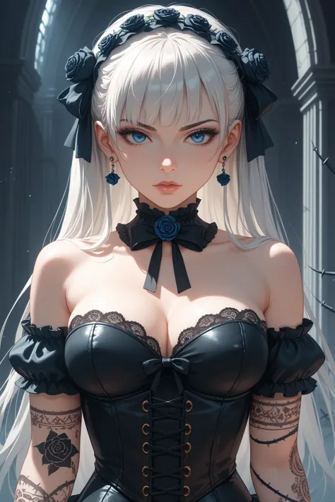 Scandinavian and Japanese woman, 23 years old. Appearance: White bob hair, bright blue eyes, with tattoos on both arms and back. Personality: Serious, introverted, proud and seductive. A dark gothic-lolita temptress wrapped in an exquisite corset of black ...