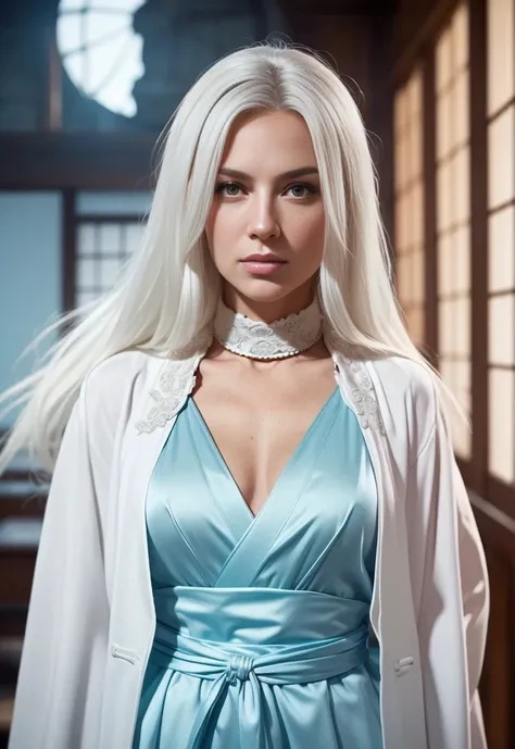 Grace Kelly as Frost do game Mortal Kombat, ((( white hair))), (((a Japanese palace in the background))), wearing light blue Mortal Kombat ninja uniform, ((((( looking at the viewer ))))), (((((centered))))), (((head in the photo))), {(((((full-body-shot:0...