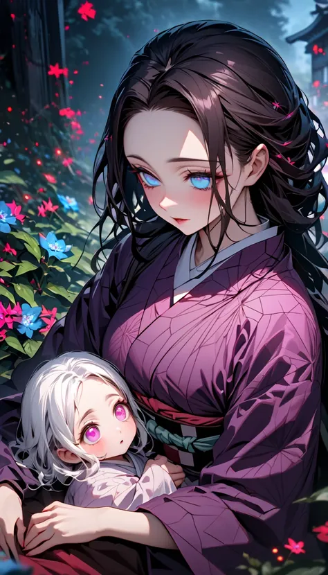 Ultra detailed, highres, absurdres, HDR, master piece, beautiful female child, long white hair, bangs, fuchsia eyes, purple kimono, Kimetsu No Yaiba, fantasy, blue flowers, red fireflies, best quality, extremely detailed face and eyes, with her mother who ...