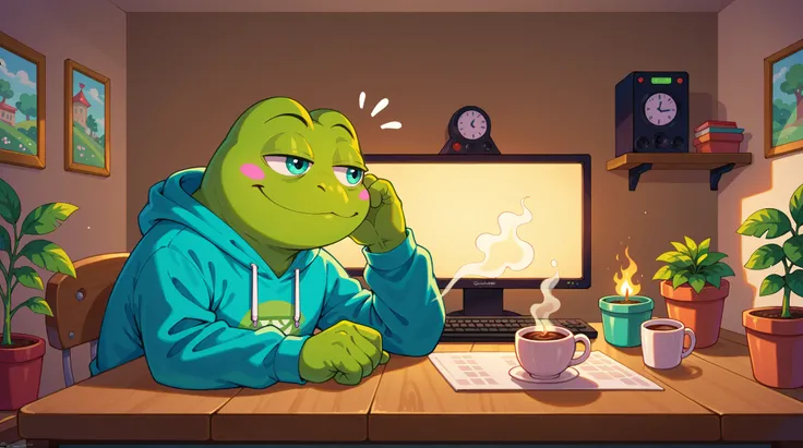 Pepe Frog, Maximum_Detail, Dynamic Pose,(anthropomorphic frog, sleepy pepe face, cozy morning eyes, peaceful smile), 1boy, comfy pepe vibes, premium hoodie with ETH logo, morning sunlight streaming through trading station, multiple monitors with green cand...