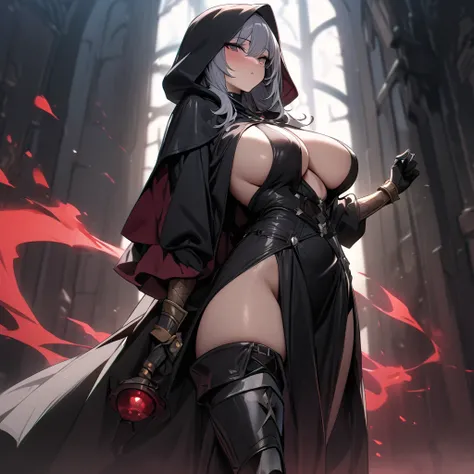  Masterpiece,  Top Quality,  high resolution,  1girl , Alone、 Black leather clothing 、Big Breasts、  black robe  、black hood 、 the wizard、red aura on the background、 iron gauntlet on the arm 、 Iron Boots、