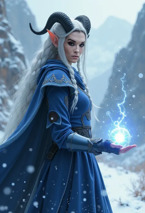 A slender, skinny, magical male elf with black ram-like horns and long silver hair that cascades down to his lower back, decorated with small braids woven into his hair. He wears a stunning blue armor, resembling the ‘Nightingale Armor’ from Skyrim, in var...