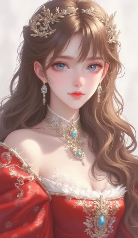 beautiful girl with long brown hair and bangs. Blue eyes. wearing a luxury royal dresses. Red dress, Princess, kingdom, smile, full body, 1girl, High Resolution, Masterpiece, Accurate, Anatomically Correct, Best Quality, Detail, High Details, Quality, Supe...